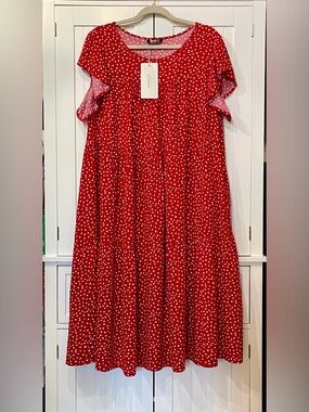 BloomChic Red & White Polka Dot Tiered Flutter Sleeve Dress with Pockets